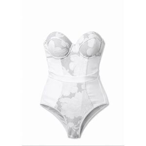 Wet Jacquard Sheer Side Panel One Piece Swimsuit | White in XS